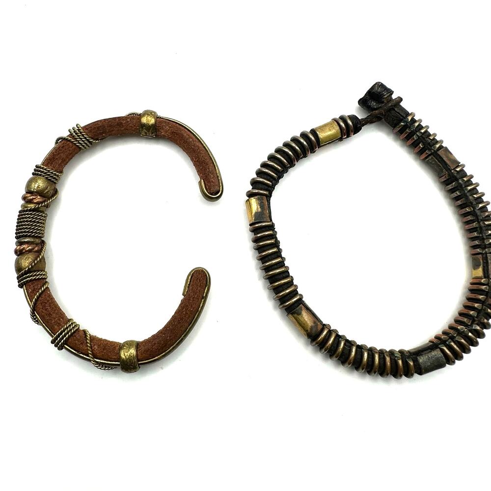 Boho Bracelet Set of 2 Bangle Cuff Retro 70s vintage inspired vibes Brown Rustic